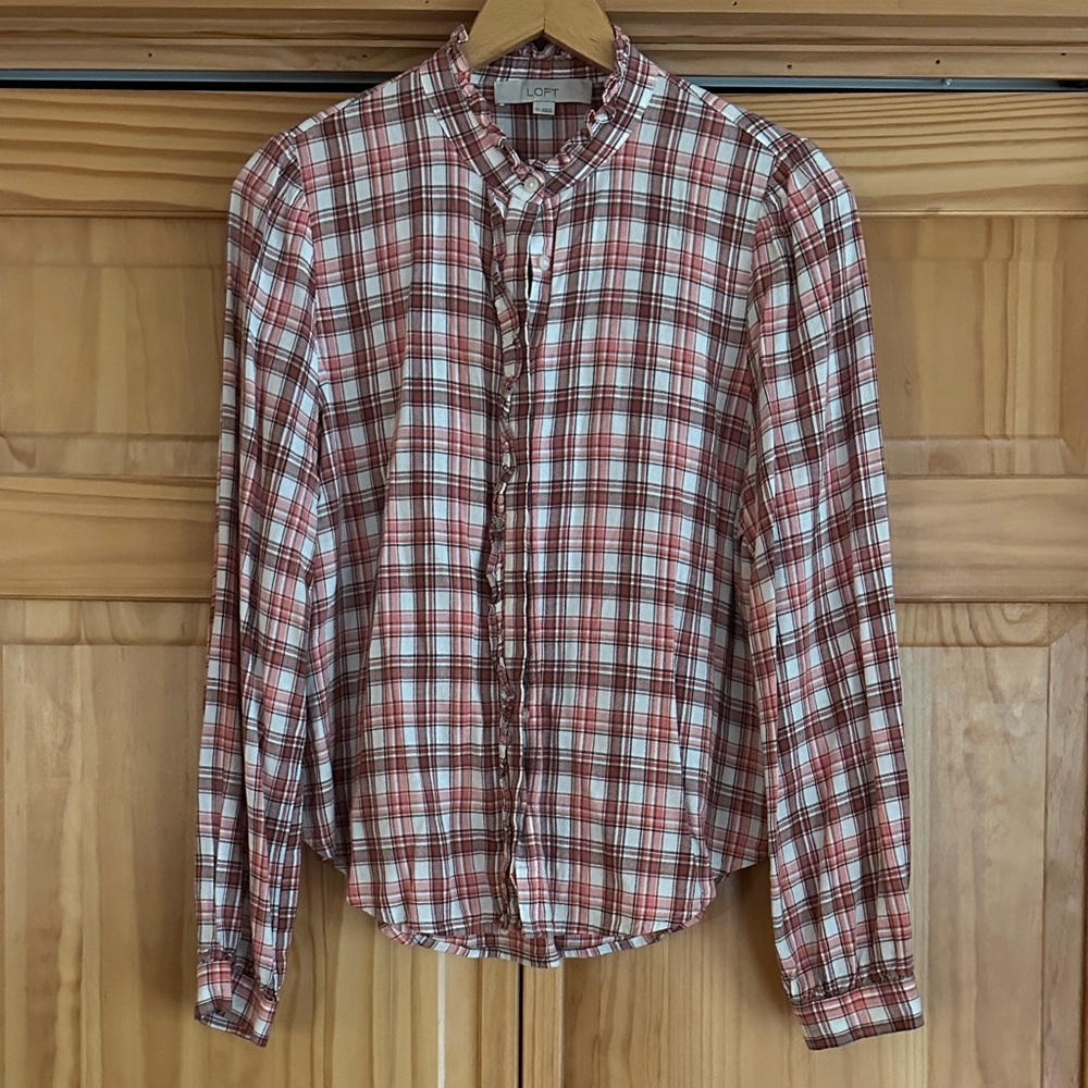 LOFT Orange, Brown and White Plaid Button-Up Shirt w: High Collar Ruffle Accent